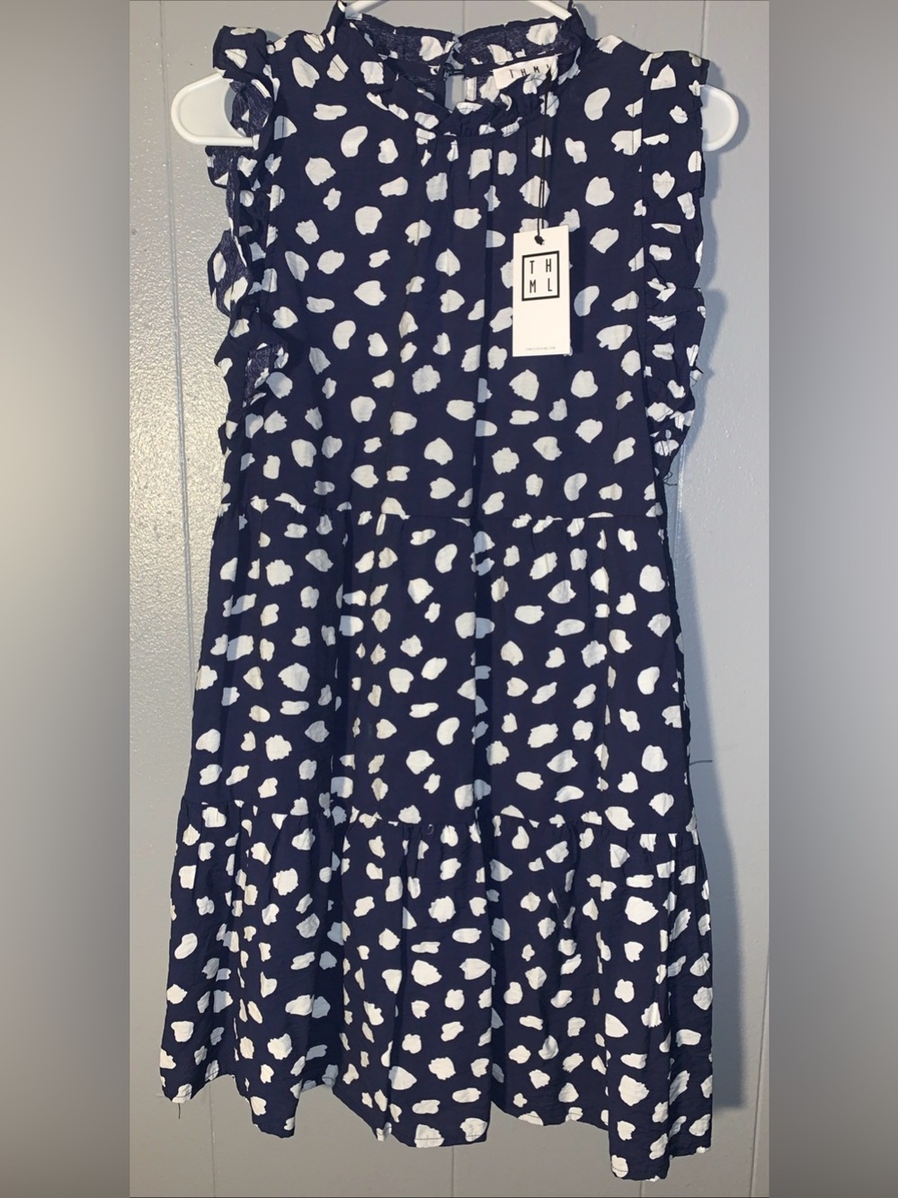 THML Navy Spotted Sleeveless Dress Ruffled Crew Neck BabyDoll Tiered Silhouette